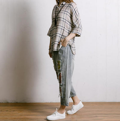 Women Plaid Irregular Hem Linen Shirt