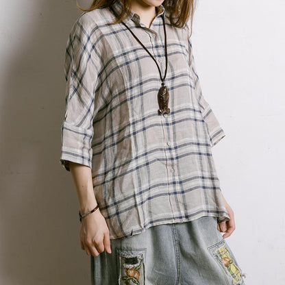 Women Plaid Irregular Hem Linen Shirt