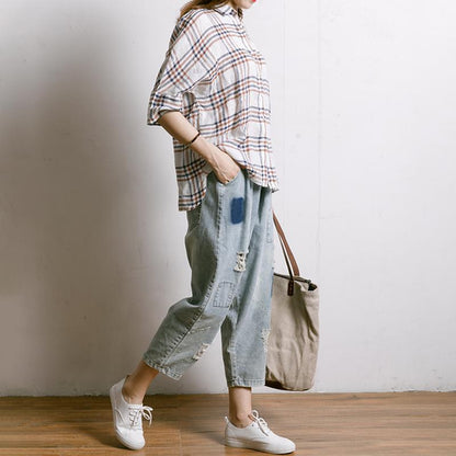 Women Plaid Irregular Hem Linen Shirt
