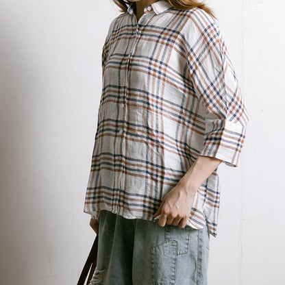 Women Plaid Irregular Hem Linen Shirt
