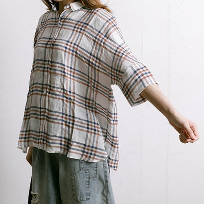 Women Plaid Irregular Hem Linen Shirt