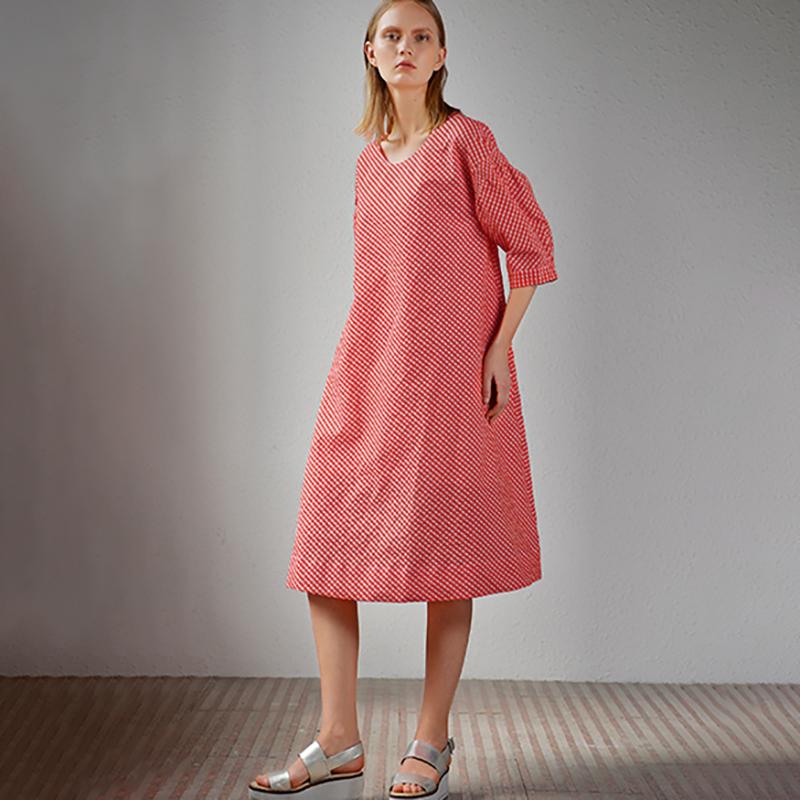 Women Plus Size Plaid Round Neck Midi Dress