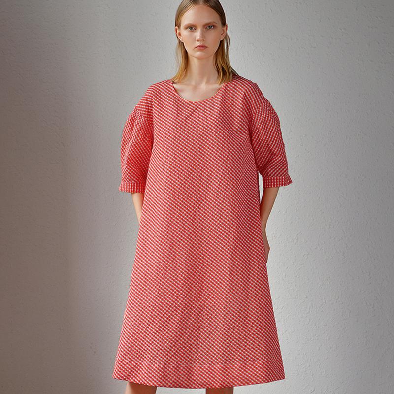 Women Plus Size Plaid Round Neck Midi Dress