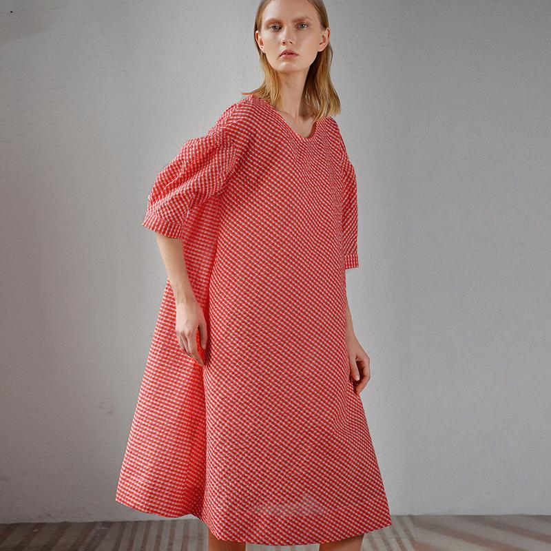 Women Plus Size Plaid Round Neck Midi Dress