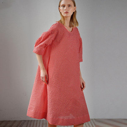 Women Plus Size Plaid Round Neck Midi Dress