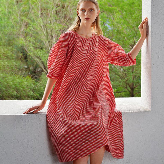 Women Plus Size Plaid Round Neck Midi Dress