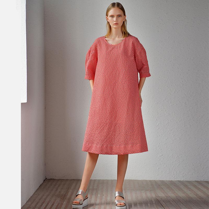 Women Plus Size Plaid Round Neck Midi Dress