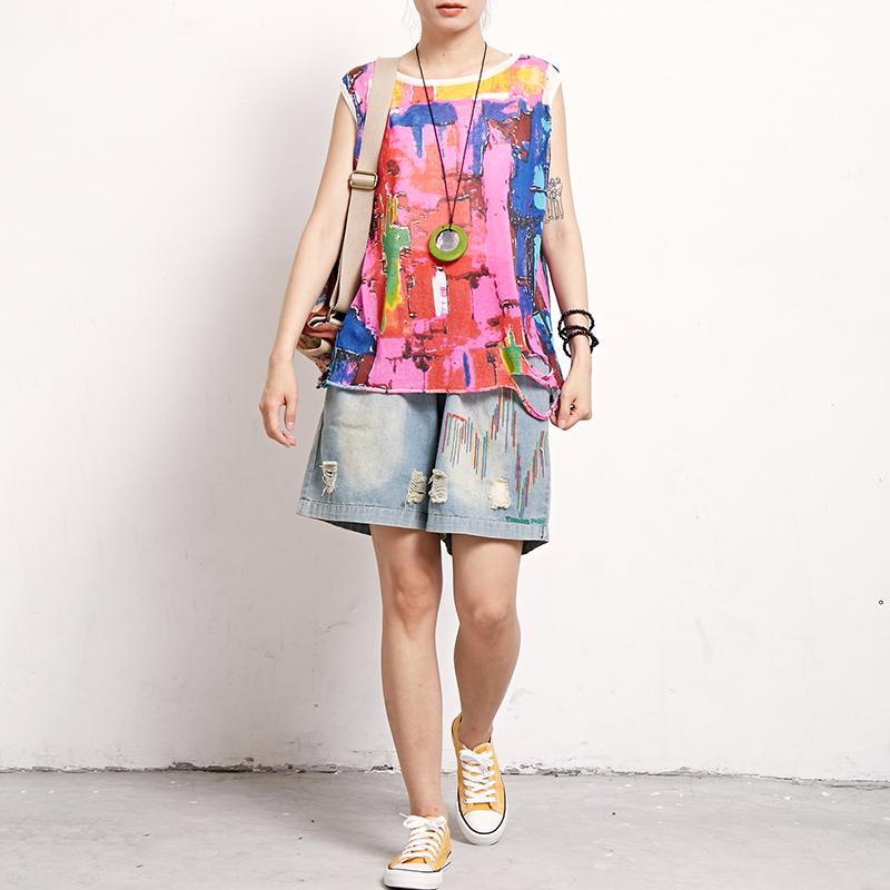 Women Print Cotton Linen Casual Sleeveless Top