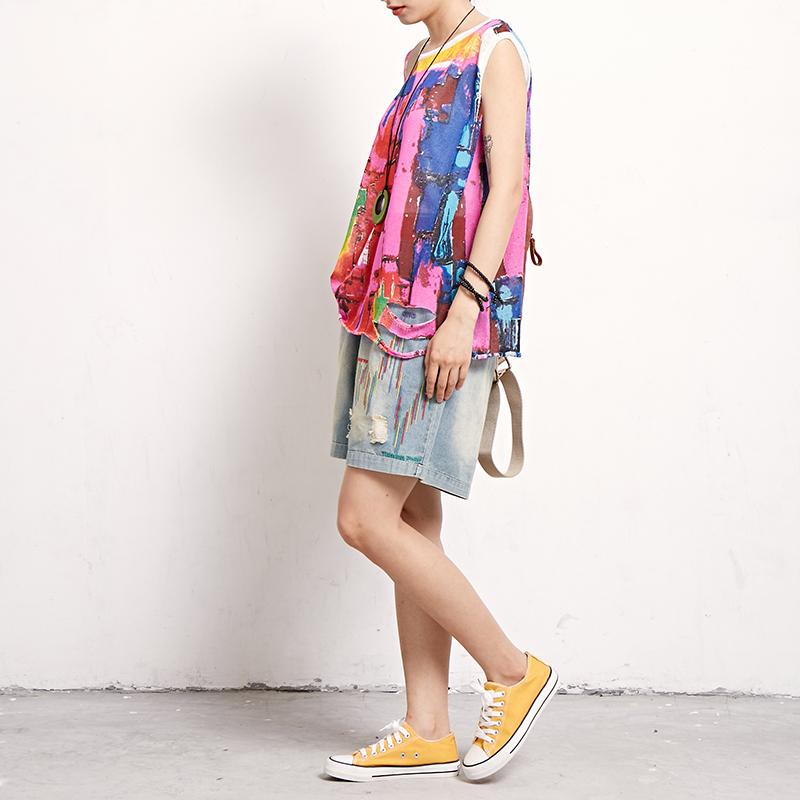 Women Print Cotton Linen Casual Sleeveless Top