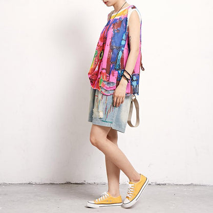 Women Print Cotton Linen Casual Sleeveless Top