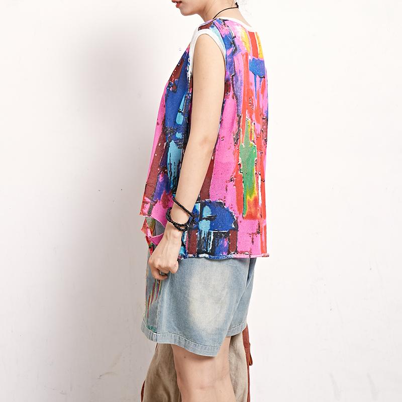 Women Print Cotton Linen Casual Sleeveless Top