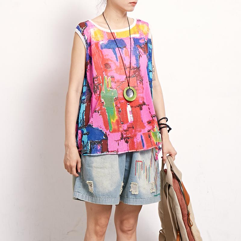 Women Print Cotton Linen Casual Sleeveless Top