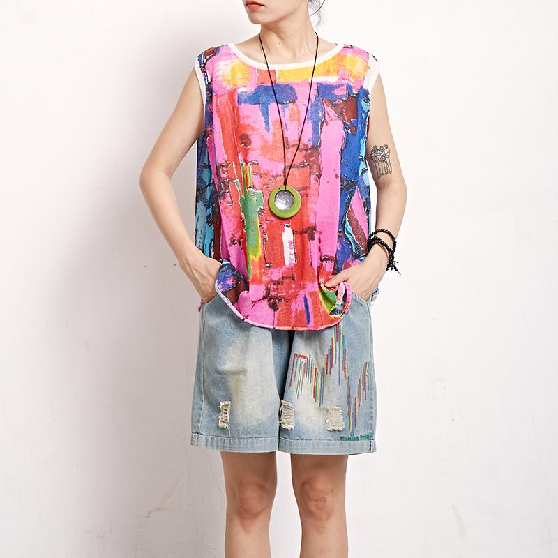 Women Print Cotton Linen Casual Sleeveless Top