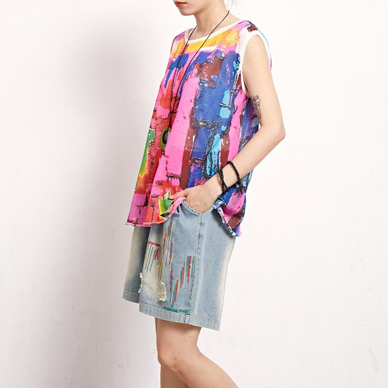Women Print Cotton Linen Casual Sleeveless Top