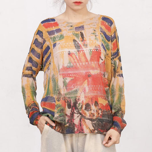 Women Print Hollow Out Long Sleeve T-shirt