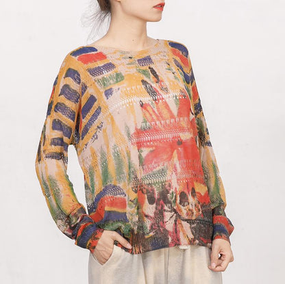 Women Print Hollow Out Long Sleeve T-shirt