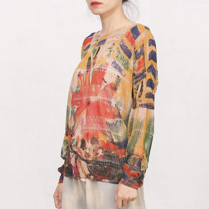 Women Print Hollow Out Long Sleeve T-shirt