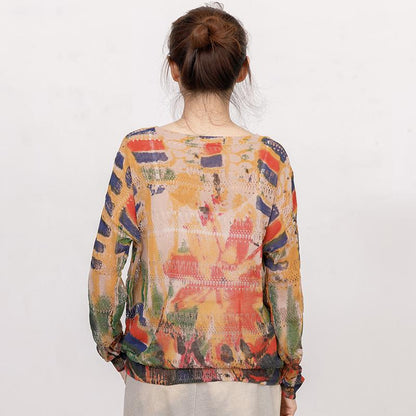 Women Print Hollow Out Long Sleeve T-shirt