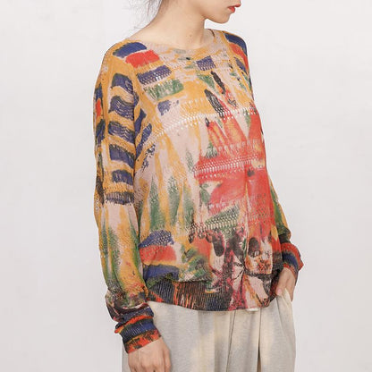 Women Print Hollow Out Long Sleeve T-shirt
