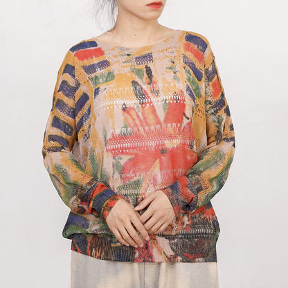 Women Print Hollow Out Long Sleeve T-shirt