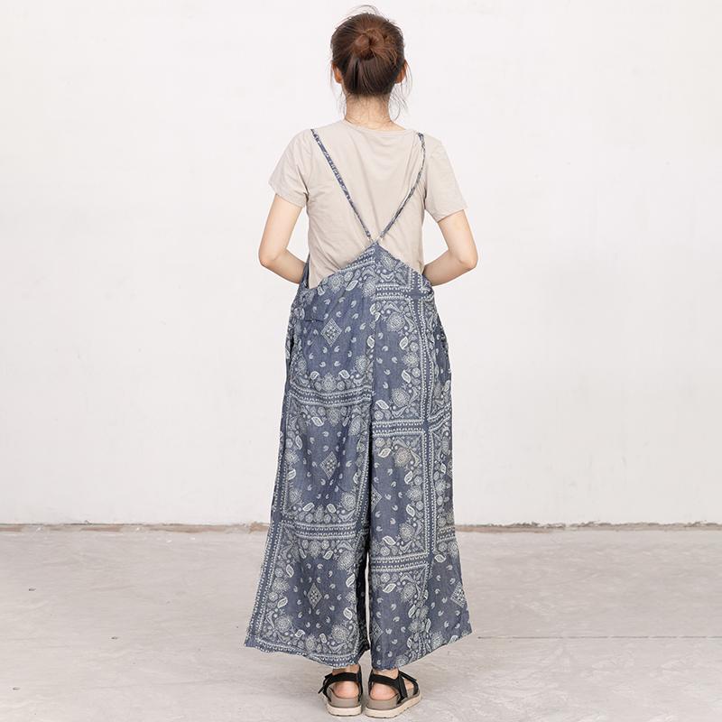 Women Printed Cotton Linen Dark Blue Casual Jumpsuit