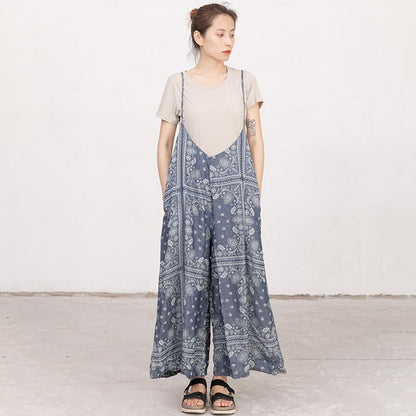 Women Printed Cotton Linen Dark Blue Casual Jumpsuit