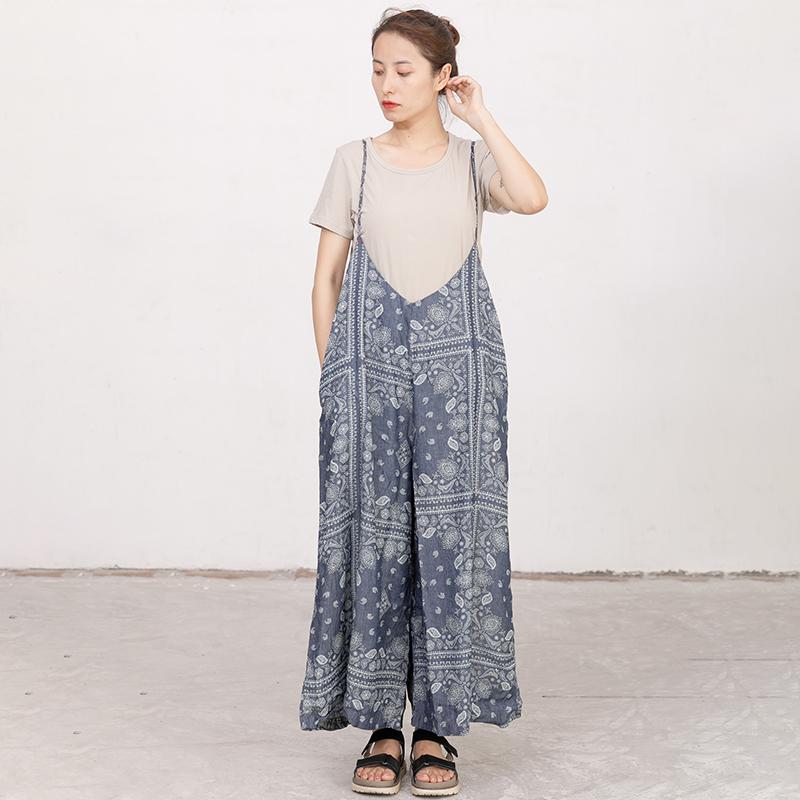 Women Printed Cotton Linen Dark Blue Casual Jumpsuit