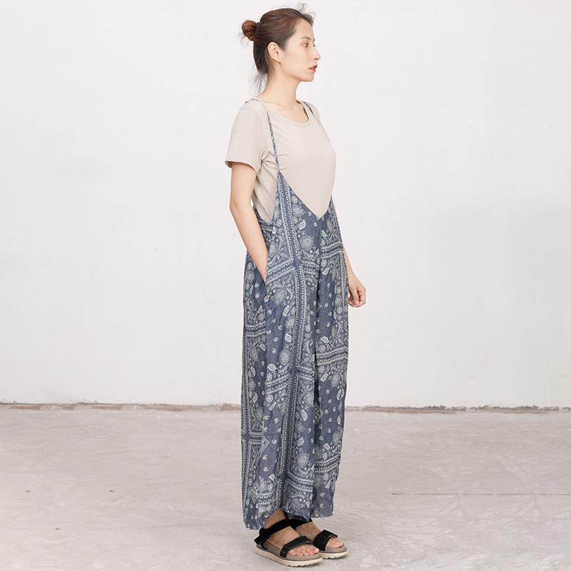 Women Printed Cotton Linen Dark Blue Casual Jumpsuit