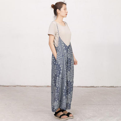 Women Printed Cotton Linen Dark Blue Casual Jumpsuit
