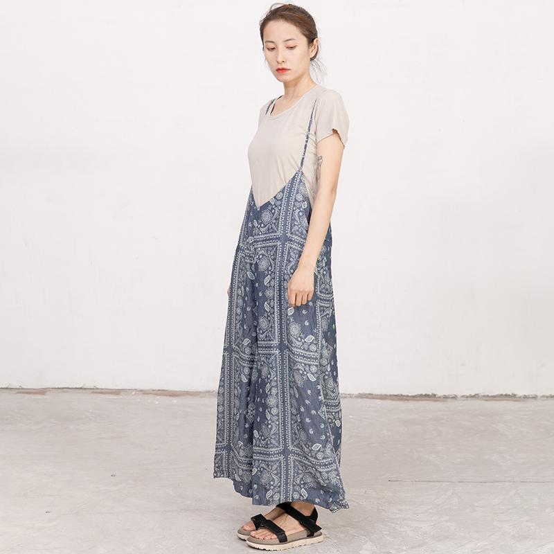 Women Printed Cotton Linen Dark Blue Casual Jumpsuit