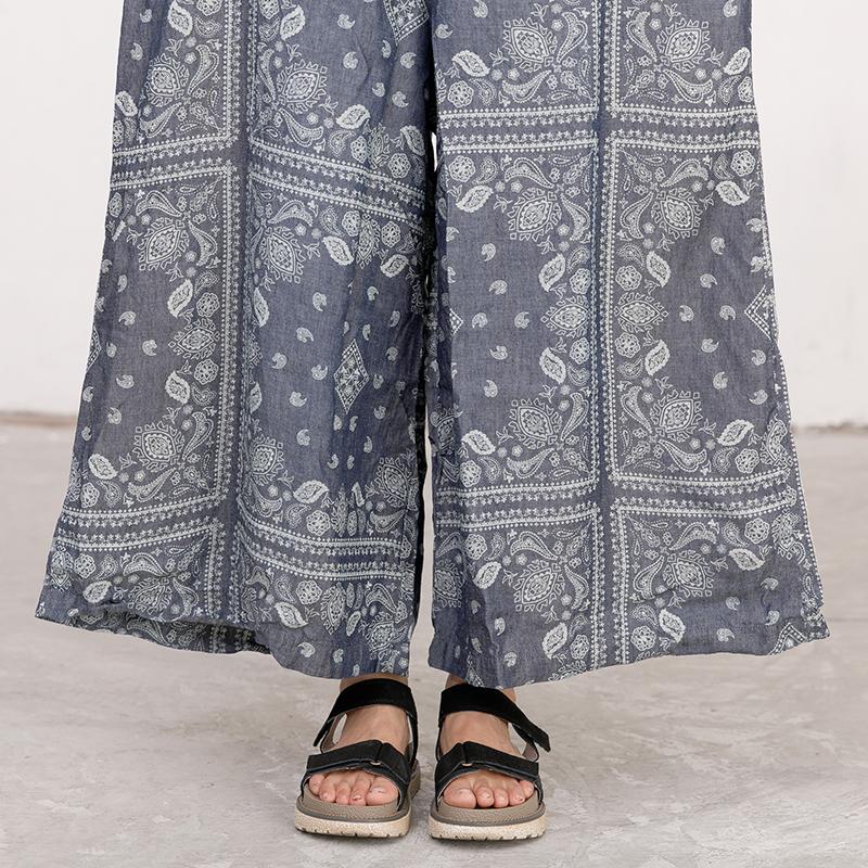 Women Printed Cotton Linen Dark Blue Casual Jumpsuit