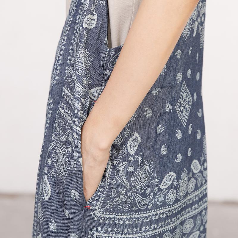 Women Printed Cotton Linen Dark Blue Casual Jumpsuit