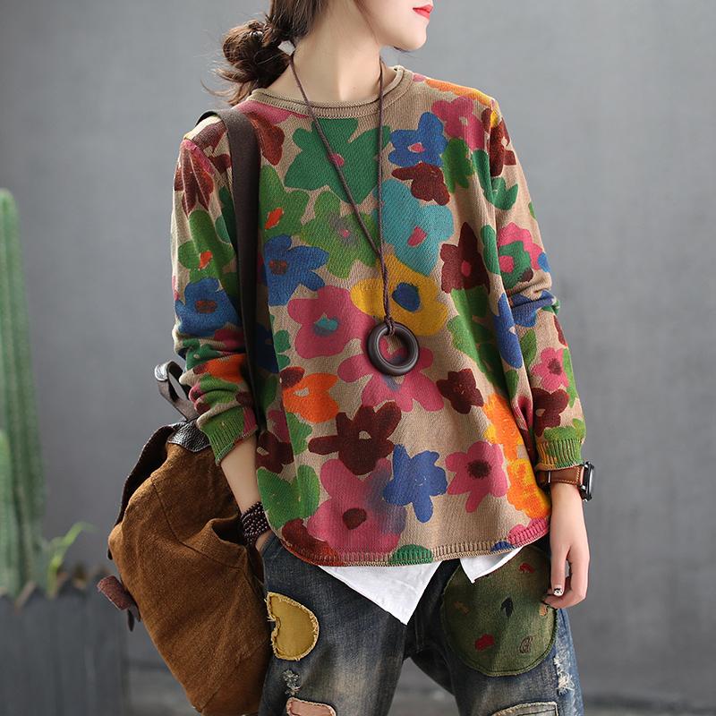 Women Printing Round Neck Casual Spring Sweater