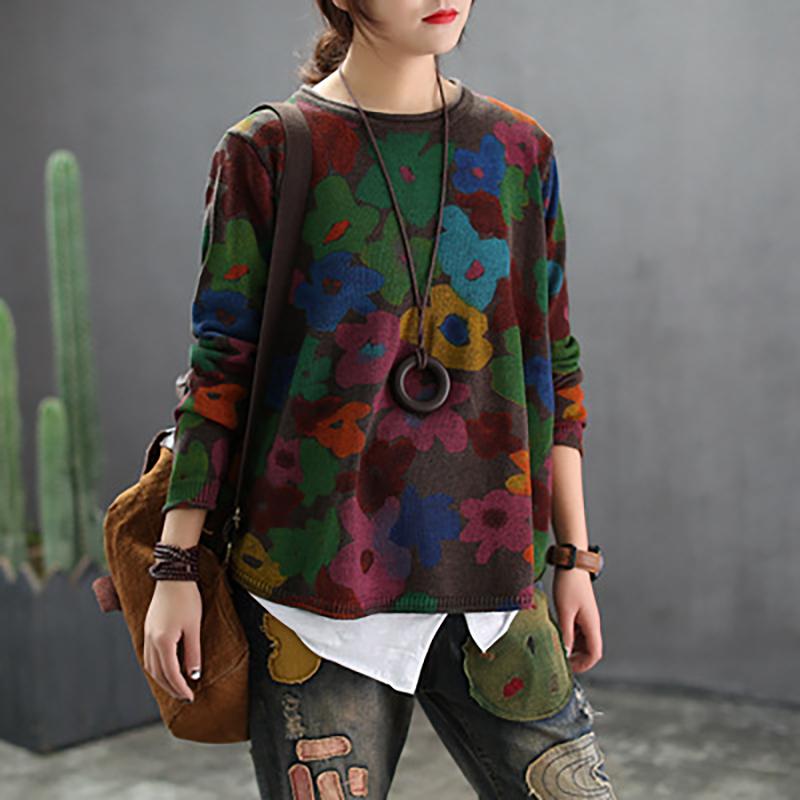 Women Printing Round Neck Casual Spring Sweater