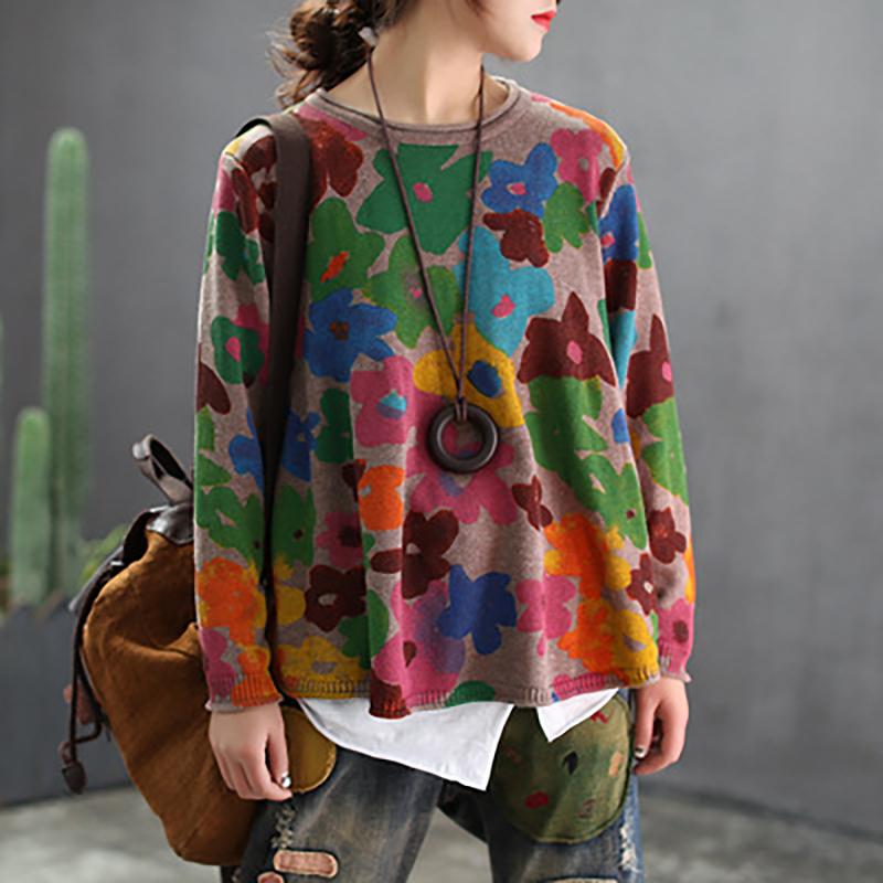Women Printing Round Neck Casual Spring Sweater