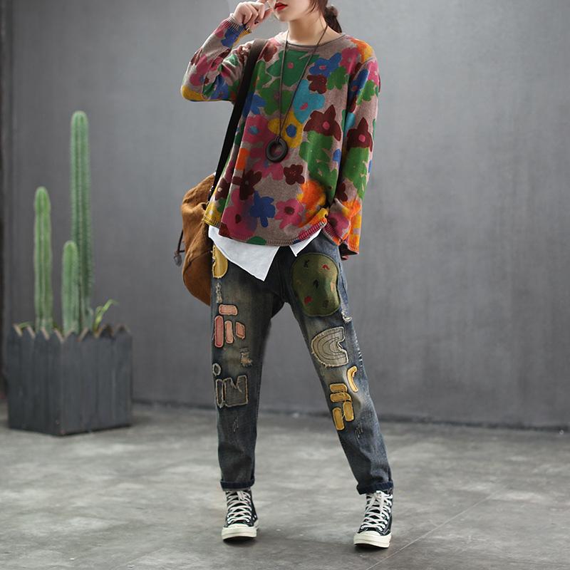 Women Printing Round Neck Casual Spring Sweater
