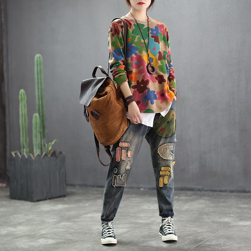 Women Printing Round Neck Casual Spring Sweater