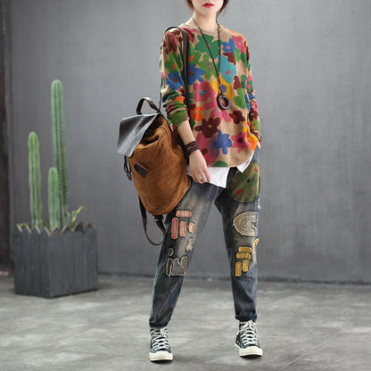 Women Printing Round Neck Casual Spring Sweater