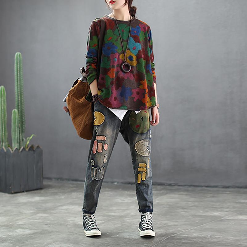 Women Printing Round Neck Casual Spring Sweater