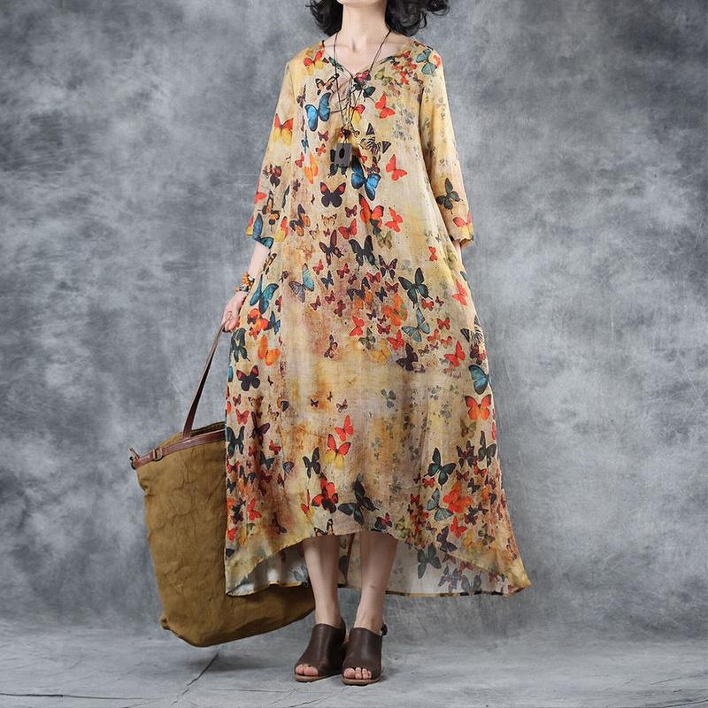 Women Ramie Print V-Neck Linen Bow Dress