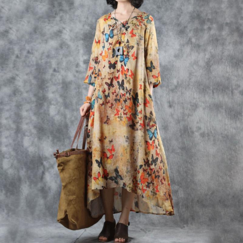 Women Ramie Print V-Neck Linen Bow Dress