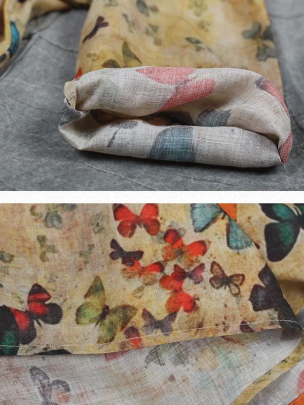 Women Ramie Print V-Neck Linen Bow Dress