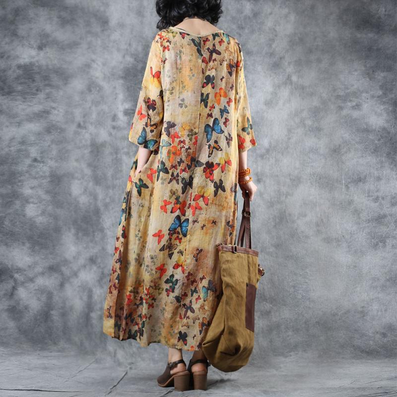 Women Ramie Print V-Neck Linen Bow Dress