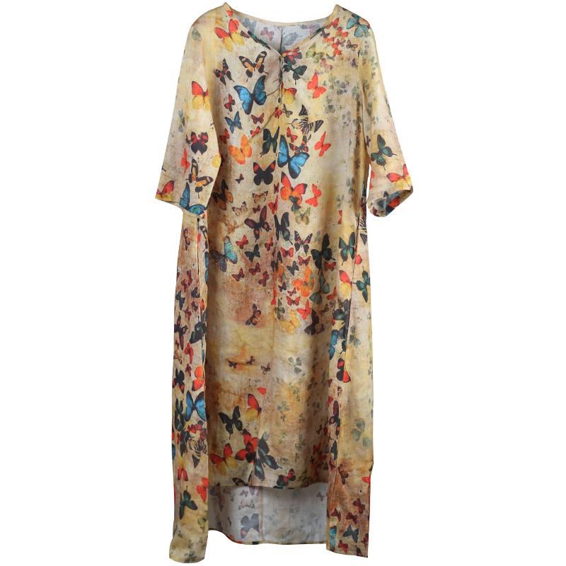 Women Ramie Print V-Neck Linen Bow Dress