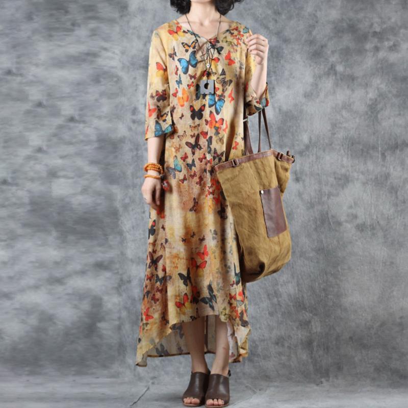 Women Ramie Print V-Neck Linen Bow Dress