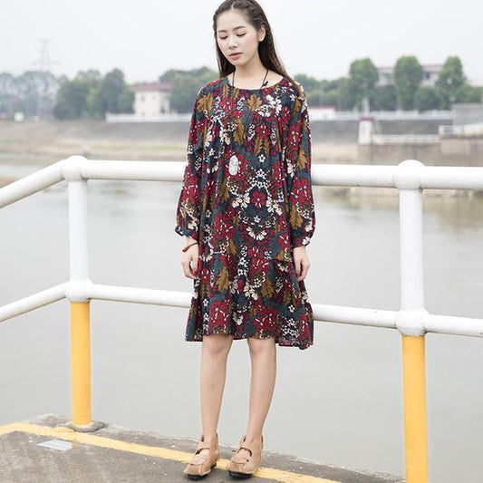 Women Retro Printing Cotton Flower Dress