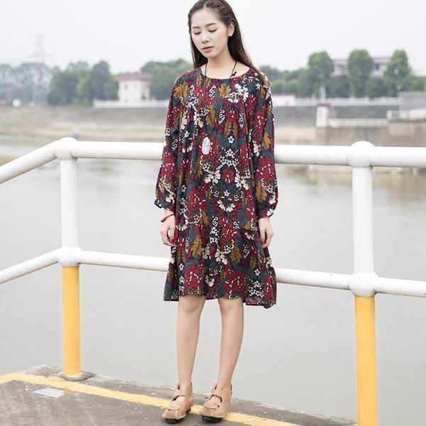 Retro Women Printed Cotton Long Sleeve Flower Dress