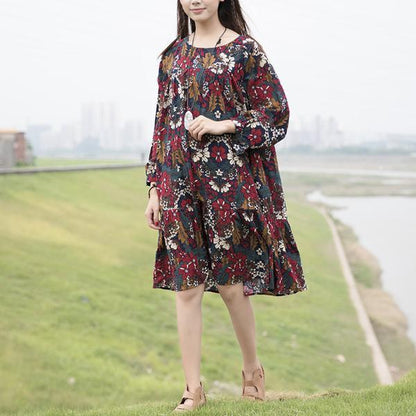 Women Retro Printing Cotton Flower Dress