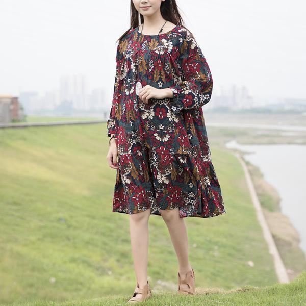 Retro Women Printed Cotton Long Sleeve Flower Dress