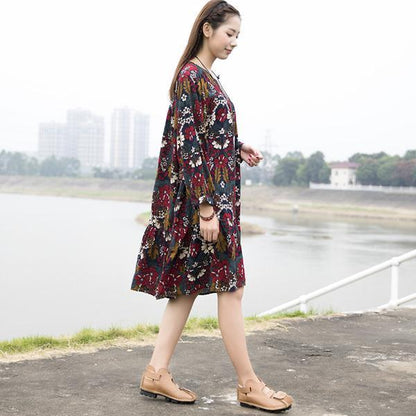 Women Retro Printing Cotton Flower Dress